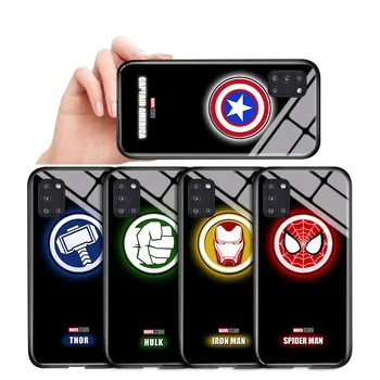 Samsung Galaxy A31 A01 A51 A71 A81 A91 Šviesos Keršytojas Žmogus-Voras Ironman Pantera Thor Logotipą, Grūdintas Stiklas Case Cover
