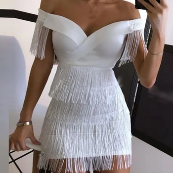 Seksualus Rankovių Bodycon Mini Suknelė Moterims Balta Off Peties Kutas Moterų Trumpos Suknelės 2020 M. Vasarą Šalies Klubas Tvarstis Vestidos