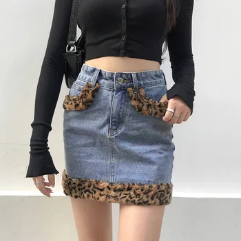 Seksualus džinsinio audinio Sijonas Mados moterų gatvės tendencija aukšto juosmens leopardas spausdinti susiuvimo kišenėje džinsinio audinio maišelį klubo sijonas 2021 naują Pavasario karšto