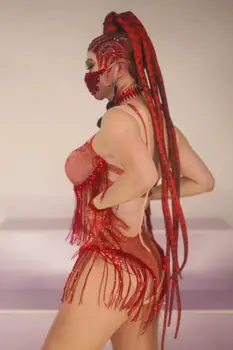 Sexy Raudoni Nėriniai Spausdinti Šalis Bodysuit Moterų ankštų Kutas Leotard naktinis klubas Pole Dance Bodysuit DJ Dainininkė Etapo Komplektus