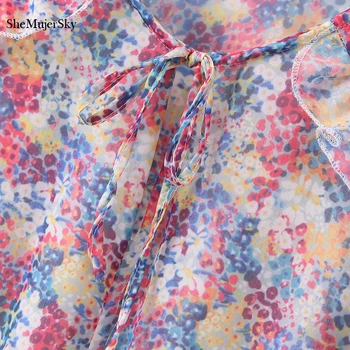 SheMujerSky Moterų Spausdinti Šifono Suknelė ilgomis Rankovėmis Rudenį Raukiniai Mini Suknelė 2020 Tvarstis V-kaklo Suknelės