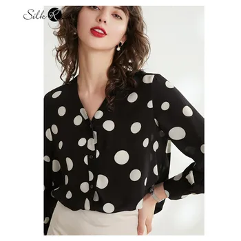 Silviye Polka dot spausdinti šilko marškinėliai moterims ilgomis rankovėmis temperamentas V-kaklo mados šalis dugno į viršų blusas mujer de moda 2020 m.