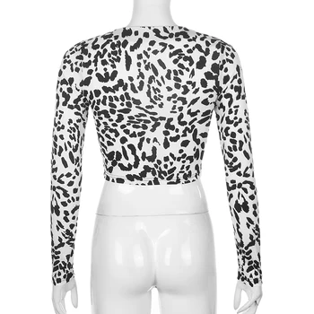 Sweetown Leopardas Spausdinti Sexy V Kaklo Rave Apranga T Marškinėliai Moterims Ilgomis Rankovėmis Pasėlių Top Rudens Marškinėliai Femme, Mados Streetwear