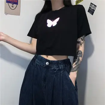 T-marškinėliai Moterims trumpomis Rankovėmis Atspindintis Drugelis Spausdinti Apkarpyti Viršūnes Pora Brendžio Streetwear Prašmatnus Atsitiktinis Palaidų Mados Derliaus Tees