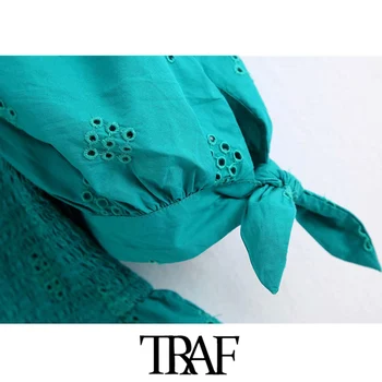 TRAF Moterų Mados Cutwork Siuvinėjimo Raukiniai Apkarpytos Palaidinės Derliaus Susieta Sluoksniuotos Rankovėmis Smocked Moterų Marškiniai, Elegantiškos Viršūnės