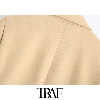TRAF Moterų Mados Dvigubo Breasted Įrengtas Tranšėjos Paltai Derliaus ilgomis Rankovėmis Atgal Versmės Moterų Viršutiniai drabužiai Prašmatnus Viršūnės