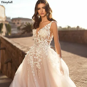 Thinyfull Paplūdimys Vestuvių Suknelės 2021 Princesė Nėrinių Appliques Atvira Nugara Paplūdimys-Line Nuotakos Suknelė Iliuzija Šalies Vestuvinės Suknelės