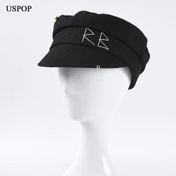 USPOP 2020 Naujas Žiemos Moterų Skrybėlės Juodos Vilnos Newsboy Kepurės Butas Militray Kepurės Raštą Aštuoniakampis Skrybėlės