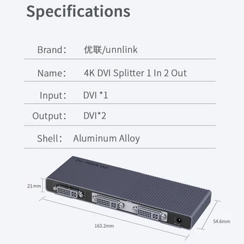 Unnlink DVI Splitter 4K UHD@30Hz 1X2 DVI-D Platintojas 1-2 Iš FHD 1080@60Hz už Projektorius, Monitorius, Kompiuterio