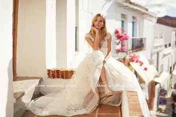V-Kaklo, Bžūp Rankovėmis Appliques Nėrinius, Karoliukus, Sagas A-Line Wedding Suknelė 2021 Vestido De Noiva Nuotakos Suknelė