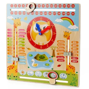 Vaikai Medinių Žaislų Vaikams Ankstyvo Mokymosi Raidos Daugiafunkcį Medžio Kabo Laikrodis, įskaitant Kalendorius, Laikrodis Mėnesį Orai