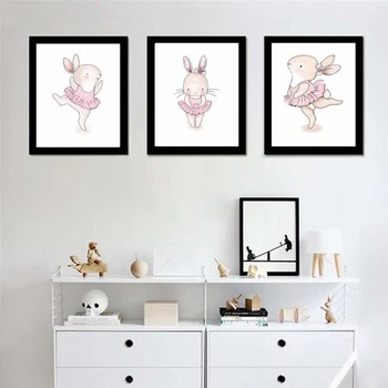 Vaikų Kambario Plakatas Pink Rabbit Vaikų Plakato Baby Girl Kambario Dekoro Sienos Meno Tapybos Drobės Darželio Spaudinių Baleto Miegamojo Nuotrauką