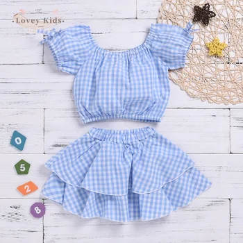 Vasaros Bamblys Baby Girl Dress Dangaus Mėlynos spalvos Pledas Spausdinti 2vnt Išjungti Peties Viršūnės Sijonas 2 Sluoksnių Saldus Apranga 0-4Year Kostiumas