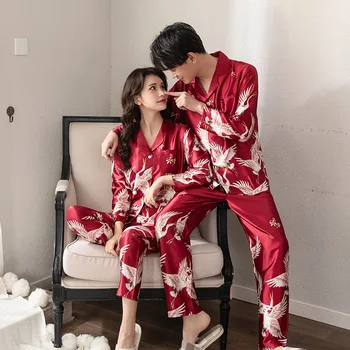 Vasaros Mylėtojai Pora Šilko Pižama Pyjama Rinkinys, Skirtas Moterims, Vyrams, Kinijos krano Spausdinti ilgomis rankovėmis Sleepwear Viskozė Namų Drabužiai