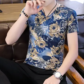 Vasaros korėjos ledo šilko vyriški trumparankoviai marškinėliai su plonas korpusas, v-kaklo, dizaino ir spalvų marškinėliai Plius Dydis M-3XL