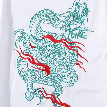 Vasaros stiliaus Kinijos Vyrų išsiuvinėti Dragon medvilnės Marškinėliai Hip-Hop Streetwear Harajuku trumpomis Rankovėmis, juoda balta Tee Viršūnės