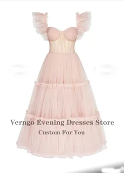 Verngo Elegantiškas Blush Pink Tiulio Linijos, Prom Dress nuo Peties Slim Įrengtas Iškaulinėjimas Korsetas Arbata Ilgis Homecoming Šalies Chalatai