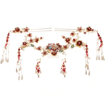 Vintage red paprasta atmosferą Kinų stiliaus plaukų lazdos Phoenix karūna, rinkiniai vynui, galvos apdangalai, vestuvių plaukų papuošalai accesorios mujer