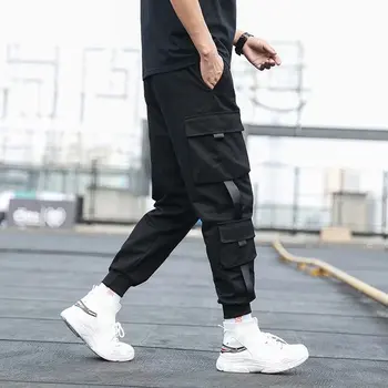 Vyrų Pusėje Kišenės Krovinių Haremo Kelnės 2020 Juostelės Juodos Hip-Hop Atsitiktinis Vyras Poilsiu Kelnės Mados Atsitiktinis Streetwear Kelnės