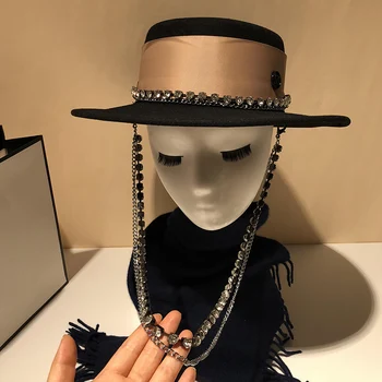 Ximu moterų flat top hat mados asmenybės vilnos Hepburn Stiliaus Didelis Kraštų Hat, Black rudens ir žiemos naujas šiltas top hat