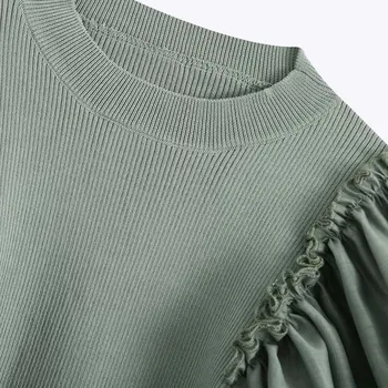 ZRN Moterų mados plisuotas raukiniai organza kratinys apkarpytos megzti megztinis, vintage ilgomis rankovėmis slim stretch femininas puloveriai