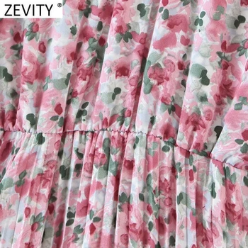 Zevity 2021 Moterų Saldus Agaro Nėrinių Pink Gėlių Spausdinti Atsitiktinis Plisuotos Midi Suknelė Trijų Moterų Ketvirtį Rankovės Šalies Vestido DS4910