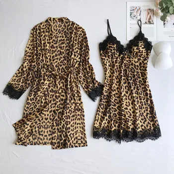 Šilko Pižama Rinkinys Moterims Leopard Print 4 Vnt Pižamos Rinkinys Satin Pijamas Mujer Sleepwear Naktiniai Drabužiai Namų Drabužius, Seksualus Apatinis Trikotažas #W