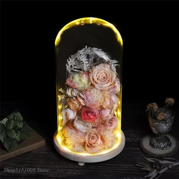 Šiuolaikinės Stiklo Naktį Žibintai Kupolo Cloche Viršelio Dekoras Sausų Gėlių Ornamentais, Rankų darbo Amatų Jar Medienos Spalvos Bazinės su Kojomis LED Šviesos