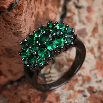 Žavesio Moterų Green Crystal Gėlės Žiedas Prabanga 14KT Juodojo Aukso Vestuvinis Žiedas Derliaus Cirkonis Vestuvių Juostoje Dideli Žiedai Moterims