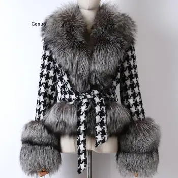 Žiemos Moteris Houndstooth & Dirbtiniais Fox Fur Kratinys Paltai Netikrą Lapės Kailių Apykaklės Imitacija Kašmyro Vilnos Mišiniai, Viršutiniai Drabužiai Streetwear