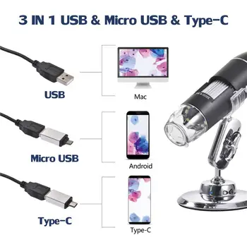 00-1600X USB Mikroskopą, Kišeninis Nešiojamas Skaitmeninis Mikroskopas USB Tipo C InterfaceElectron Mikroskopai Su 8 Led Su Laikikliu