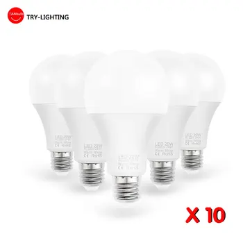 10vnt LED Lemputės, Lempos, E27 AC220V 240V Lemputės Reali Galia 20W 18W 15W 12W 9W 5W 3W Lampada Kambarį Namuose
