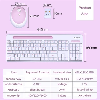 2.4 G Mergaičių Belaidę Klaviatūrą, Žaidimų Pelė Combo 1600 DPI Mini Pelės Silent Keyboard 