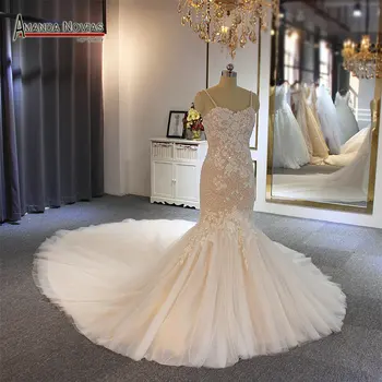 2019 undinė vestuvių suknelė šampano spalvos, su ilgai traukinio vestuvių puokštė