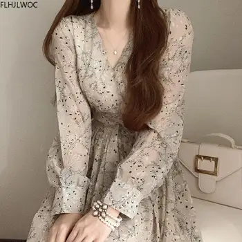 2020 M. Rudenį Pagrindinio Ilga Suknelė Ilgomis Rankovėmis V-Kaklo Gėlių Spausdinti Retro Derliaus Linija Moterų Suknelės, Elegantiškos Korėja Mados Vestidos