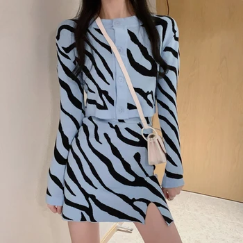 2020 Naujas Mados Zebra Modelis Moterims Dviejų Dalių Rinkinys, Megzti Outwear Cardigan Mini Trumpas Sijonas Prašmatnus Korėjos Kostiumas Mergaičių Apranga Nauja