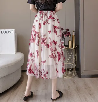 2020 Naujas Vasaros Streetwear Elastinga juosmens 3D Drugelis siuvinėjimo gėlės gazas sijonas seksualus, Elegantiškas Lady Midi Sijonai