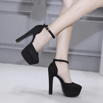 2020 m. Pavasarį, Rudenį Suede Shoes Moterų Mados Aukšti Kulniukai 14cm Smailiais Kulnais Čiurnos Dirželis Juodos Spalvos Platformos Siurbliai Šalies Bateliai