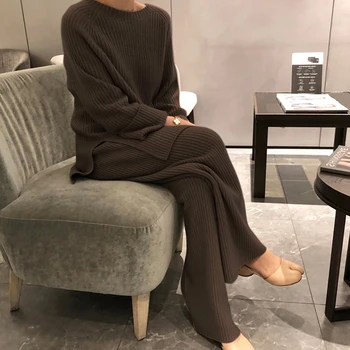 2020 m. Žiemos moterų megztinis dviejų dalių komplektas minkšto audinio laisvi pollover pločio kojų kelnės rinkiniai OLIS stiliaus moteriška rudens kostiumas