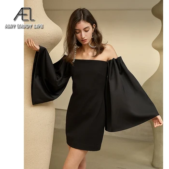 AEL juoda moters Suknelė, Velniop Kaklo Išjungti Peties pagoda Rankovėmis Aukštos Juosmens Mini Suknelės, Šaliai, Moterų 2020 m. vasarą