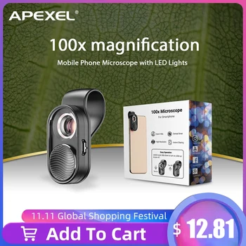 APEXEL100X mikroskopo objektyvo telefono fotoaparato objektyvas didelis priartinimas LED Light micro kišenėje lęšiai, skirti 