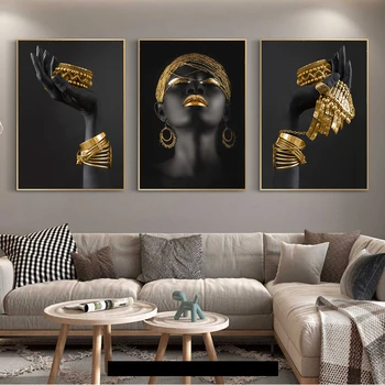 Afrikos Moteris, turintis Aukso Papuošalai Drobės Plakatai ir Spausdina Juoda Moteris Meno Tapybos ant Sienos Meno Pictues Už Kambarį