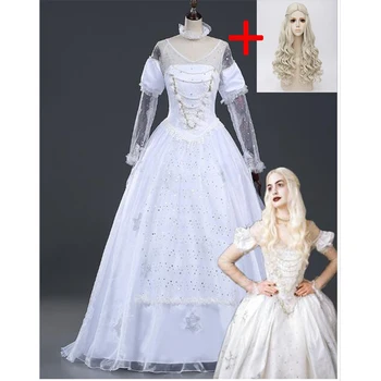Alisa Stebuklų šalyje baltoji karalienė cosplay kostiumas moterims suaugusi Helovinas kostiumas Alice in Wonderland kostiumas Suknelė perukas