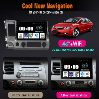 Android 9.0 2 Din Automobilio Radijo Multimedia Vaizdo Grotuvas, Navigacija, GPS IPS Honda Civic 2005-2012 m. 8 core 2din stereo 4G RDS+DSP