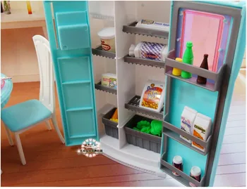 Barbie princesė virtuvės baldai 1/6 bjd doll, restoranas, indai, stalo, kėdės, šaldytuvas, valgomojo žaislas priedai