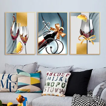 Be rėmelio Aukso meno vyno stiklo butelis sienos nuotrauka už kambarį namų dekoro estetinius Šiuolaikinės virtuvės meno drobė plakatas