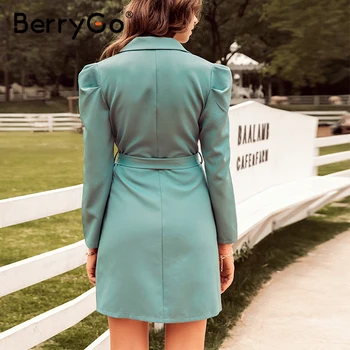 BerryGo mygtuką švarkas suknelė tiesiai moterų Sluoksniuotos rankovėmis atsitiktinis aukšto juosmens diržas žalia suknelė Elegantiškas 2020 m. kietų biuro ponios suknelė