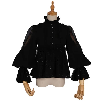 Black Lolita Palaidinė Gotikos Derliaus Stovėti Apykakle ilgomis Rankovėmis Marškinėliai pagal YLF
