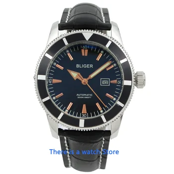 Bliger 46mm black dial mechaninė automatinė mens watch safyro stiklas Šviesos Vandeniui Odos Dirželis Laikrodis Vyrams