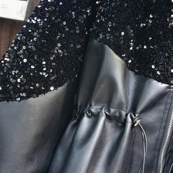 CHICEVER Black Pu Striukes Moterims, O Kaklo, ilgomis Rankovėmis Kratinys Blizgančiais Dizaineris Prarasti Streetwear Paltai Moterų 2020 M. Rudenį Banga